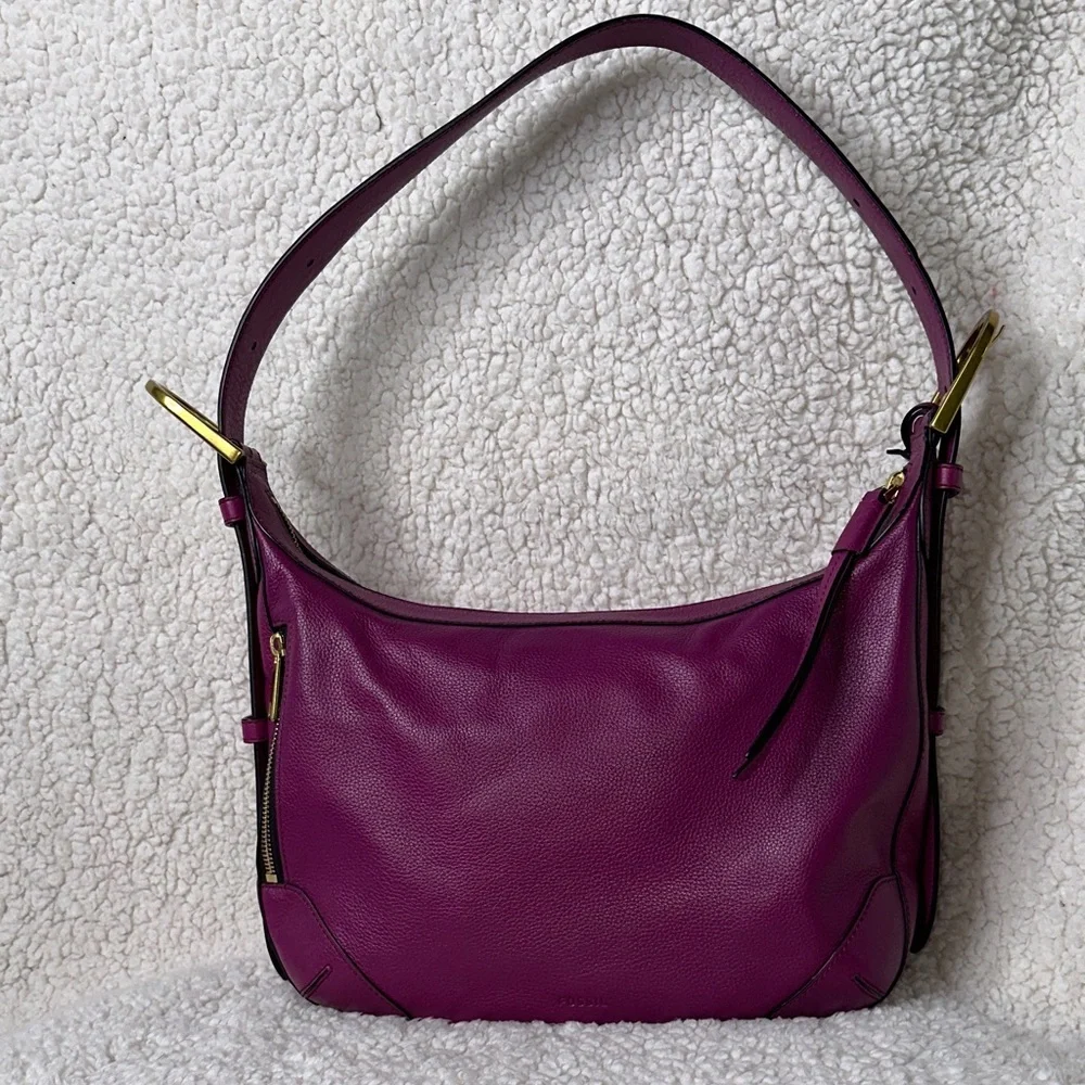 Fossil Hannah Hobo Leather & Suede Purple Magenta Shoulder Bag NWOT w/Key Charm